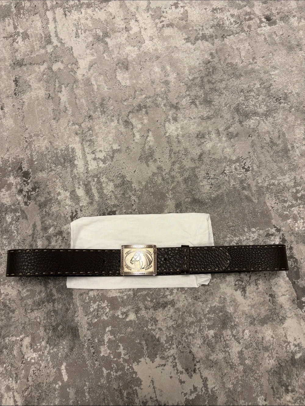 Fendi Black Leather Belt with Gold Engraved Horse Buckle
